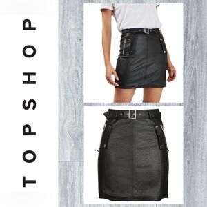 Topshop Faux Leather Black Belted Moto Mini Biker Skirt w Silver Hardware Size 4